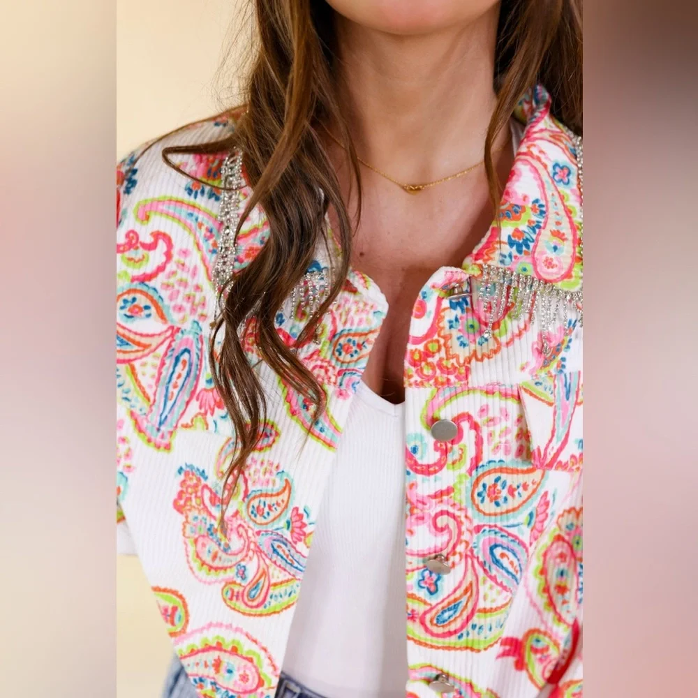 NEW! Emily Wonder Colorful Paisley Jacket - Button up - Crystal Fringe - Size L - Picture 2 of 4